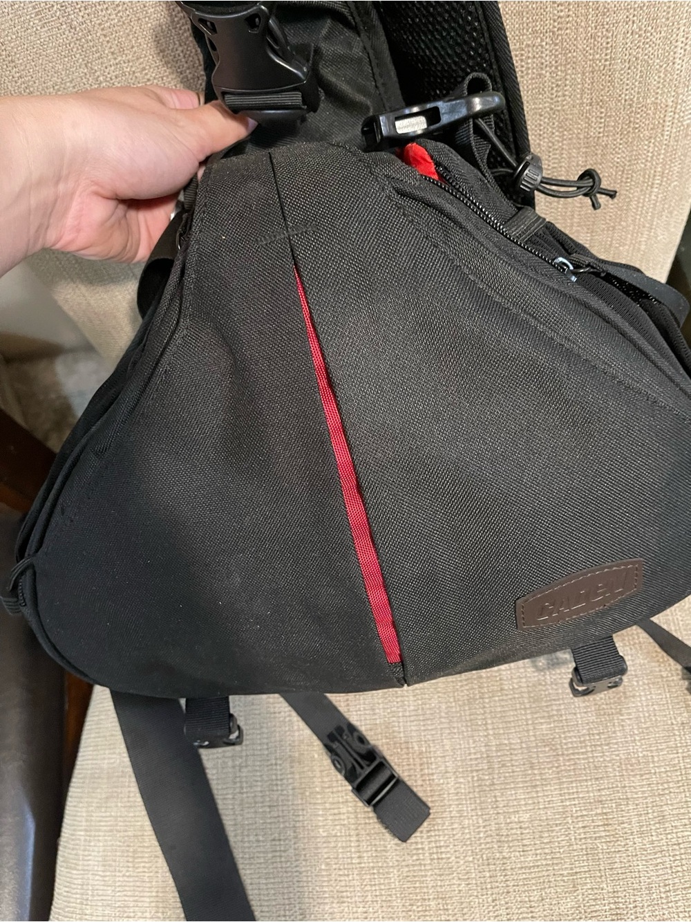 Black Sling Camera Crossbody Bag with Red Accent